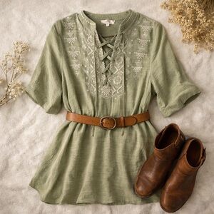 Entro Sage Green Embroidered Lace-Up Boho Peasant Tunic Blouse